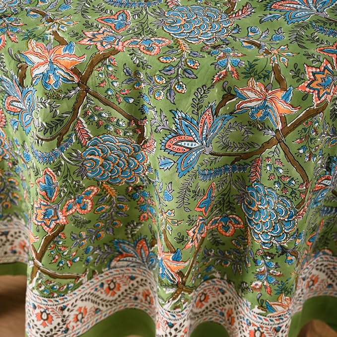 Hand Block Printed Tablecloth – Colorful Floral Print | 100% Cotton | Indian Artisan Handmade Art | Dining Room, Kitchen, Outdoor Décor, (Forest Ash Elegance, 6 Seater 72 Inches Round)