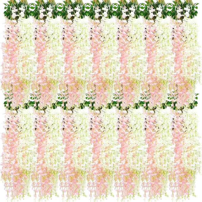 Giegxin 36 Pcs Artificial Wisteria Hanging Flowers 3.6 ft Artificial Fake Wisteria Vine Rattan Hanging Garland Silk Flowers String for Wall Home Wedding Party Greenery Decorations (Pink,White)