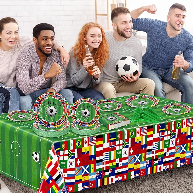 QZYL 122 Pcs 2026 World Soccer Party Decorations, Soccer Party Supplies Serve 30, Disposable Plates Napkins Tablecloth Forks, International World Flags Tableware Set for Sports Game Birthday Event