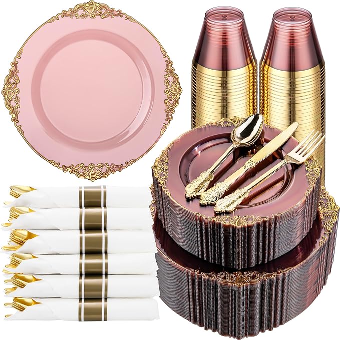 Hioasis 350pcs Burgundy and Gold Plates - Burgundy Plates for 50 Guest, Include 100 Heavy-duty Plates(20% Thicker Than Standard), 150 Cutlery Set, 50 Pre Rolled Gold Plastic Silverware Set, 50 Cups
