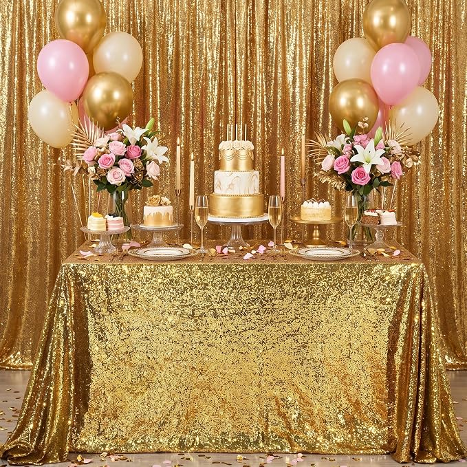 B-COOL Rectangle Sequin Tablecloth Party Decor - 50x80 Inch Black Gold Table Cloth Glitter Fabric Overlay for Indoor Outdoor Dining Wedding Parties Home