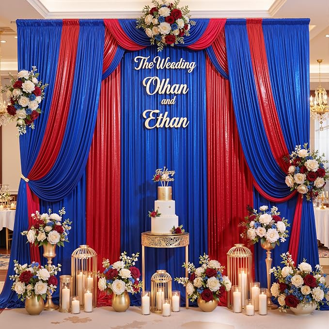 20ft x 10ft Red Royal Blue Sequin Backdrop Curtain for Parties, Wrinkle Free Glitter Photo Backdrop Drapes 4 Panels 5x10ft Back Drop Cloth for Wedding Photography Background