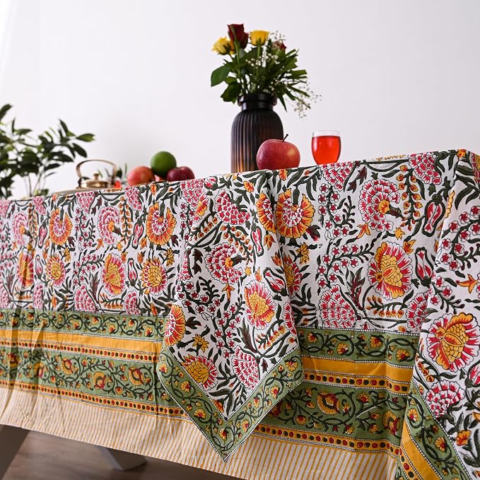 Hand Block Printed Tablecloth, Colorful Floral Print, Indian Artisan Handmade Art, Dining Room, Kitchen, Outdoor Décor, (Yellow Sunflower, 16 Seater 72 x 190 Inches Rectangle)