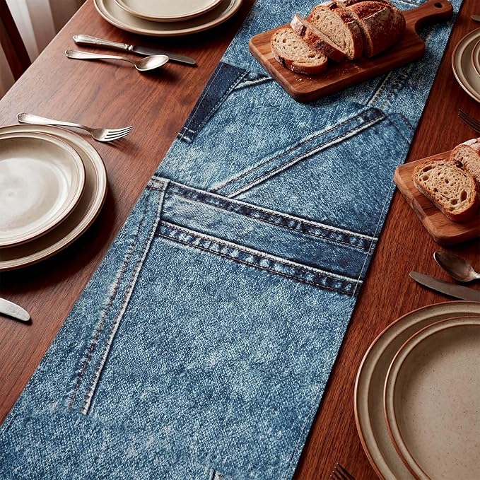 Mindsoft 6 Pcs Blue Jean Table Runners 72 Inches Blue Jean Baby Shower Decorations Denim Jeans Decorative Table Runners for Denim and Diamonds Bachelorette Engagement Wedding Decor Celebration