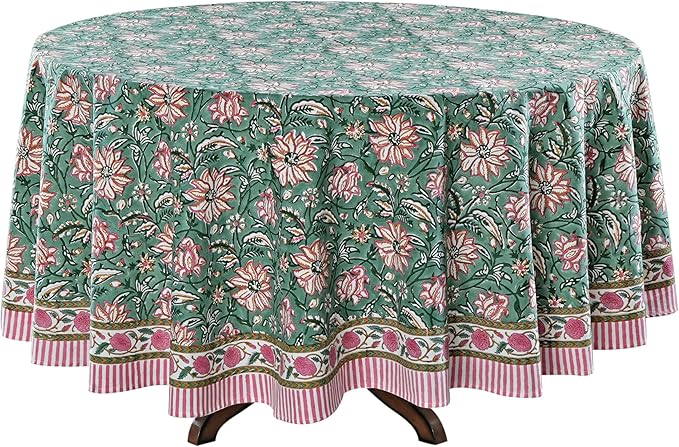 Ridhi Round Tablecloth Hand Block Print 100% Cotton Reusable Virdian Green 110 Inch Table Cover Decorative Everyday Use for Dining, Home, Party, Wedding, Farmhouse, Party Gift for Spring, Mother's Day
