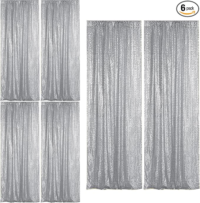 Sugargirl Silver Sequin Backdrop Curtain 6 Panels 2FTx8FT Glitter Silver Background Drapes Sparkle Photography Backdrop for Party Wedding Birthday Wall Decoration