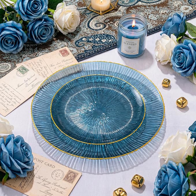 DaYammi 60Pcs Blue Plastic Plates with Gold Rimmed - Disposable Plates for Party Include:30 Dinner Plate 30 Dessert plate,Blue Plate with Radial Texture for Party & Wedding & Dinner