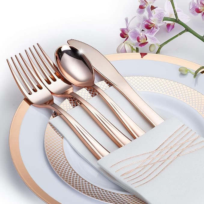 By Madee PREMIUM Elegant Disposable Dinnerware Set - 175 Pc Rose Gold Plastic Plates and Utensils Set with Luxury Napkins - Perfect for Weddings, Bridal & Baby Shower (25 Guests)