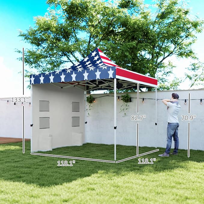 Outsunny 10' x 10' Heavy Duty Pop Up Canopy Tent with Sidewall and Trash Bags, UPF50+ Instant Sun Shelter, Height Adjustable, with Wheeled Bag, Sand Bags for Outdoor, Patio, American Flag Print