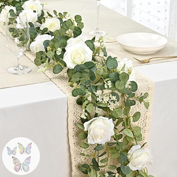 Yastouay 6 Ft White Flower Garland with 3D Butterfly, Artificial Eucalyptus Garland with Flowers Fake Rose Vine for Table Centerpiece Wedding Arch Baby Shower Party Room Backdrop Decor