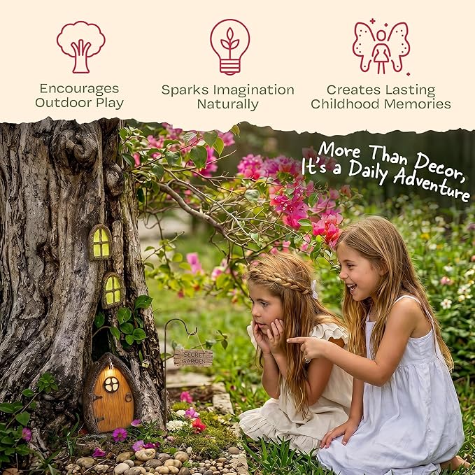 Fairy Door and Windows for Trees – Glow in The Dark Yard Art Sculpture Decoration for Kids Room, Wall and Trees Outdoor | Miniature Fairy Garden Outdoor Decor Accessories with Secret Garden Sign