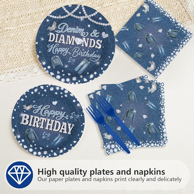 96Pcs Denim and Diamonds Birthday Party Decorations Denim Theme Jacket Jeans Plates and Napkins Crystal Diamonds Tableware Set for Women Birthday Bachelorette Bridal Shower Wedding Supplies Serves 24