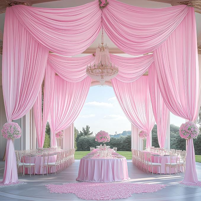 6 Panels 5x20ft Pink Ceiling Drapes for Wedding Parties, Wrinkle Free Ceiling Curtains Thick Polyester 20 ft Long Canopy Tent Draping Fabric Arch Drapery for Birthday Big Party Events