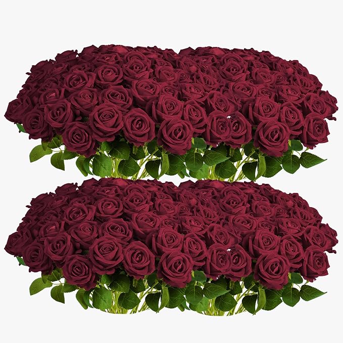 Auihiay 104PCS Burgundy Roses, Vivid Silk Velvet Artificial Roses, Lifelike Faux Roses for Bridal Bouquet, Home Decor, Valentine's Day, Wedding Centerpieces, Engagement Party