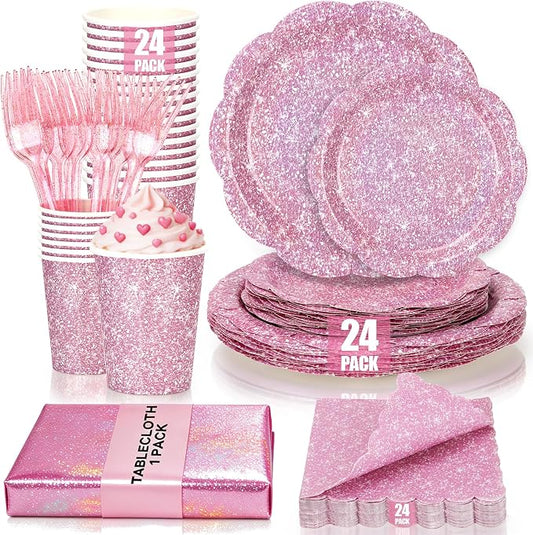 Light Pink Iridescent Plates and Napkins Set, Disposable Holographic Plates Cups Napkins Forks Tablecloth Party Supplies for Birthday Baby Shower Bridal Shower Party Decorations, Serves 24 Guests