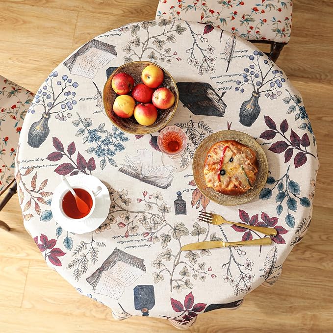 ISAENNE Designer French Linen Round Tablecloth,Diameter 55"-Xipeia | Vintage Elegant Beautiful Durable Printed Table Cloth,Floral Pattern,Decoration,Heavyweight,Dining,Kitchen,Thanksgiving