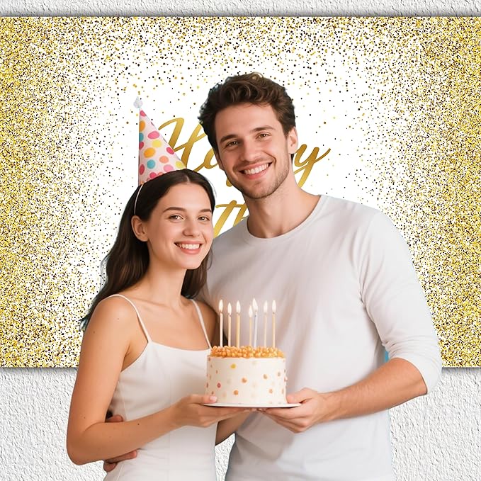 12x10 FT Glitter Happy Birthday Backdrops Banner Polyester White and Gold Spots Large Happy Birthday Background Sign for Women Men Decorations Photo Booth Props Supplies Banner