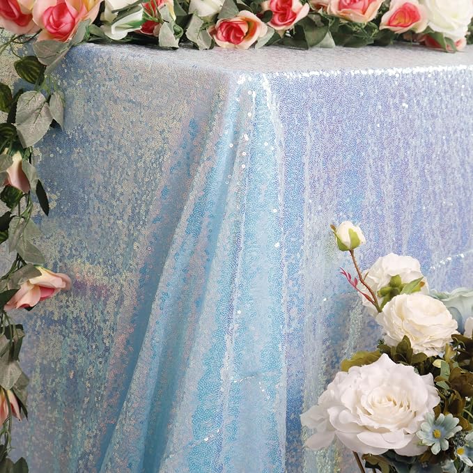 ShiDianYi Iridescent Blue Tablecloth 90X132 Inch, Sequin Tablecloth Rectangle, Mermaid Table Cloth, Shimmer Talbe Cover for Party,Birthday,Weddings Decor