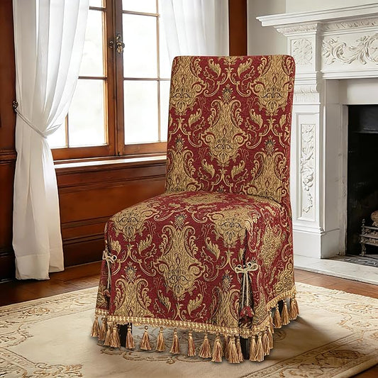 Loom and Mill 1 Piece Luxury Dining Chair Cover, Classic Damask Jacquard Dining Room Parsons Chair Covers with Tassels & Ties, Non Slip Full Cover Furniture Protector for Christmas Holiday Party(Red)