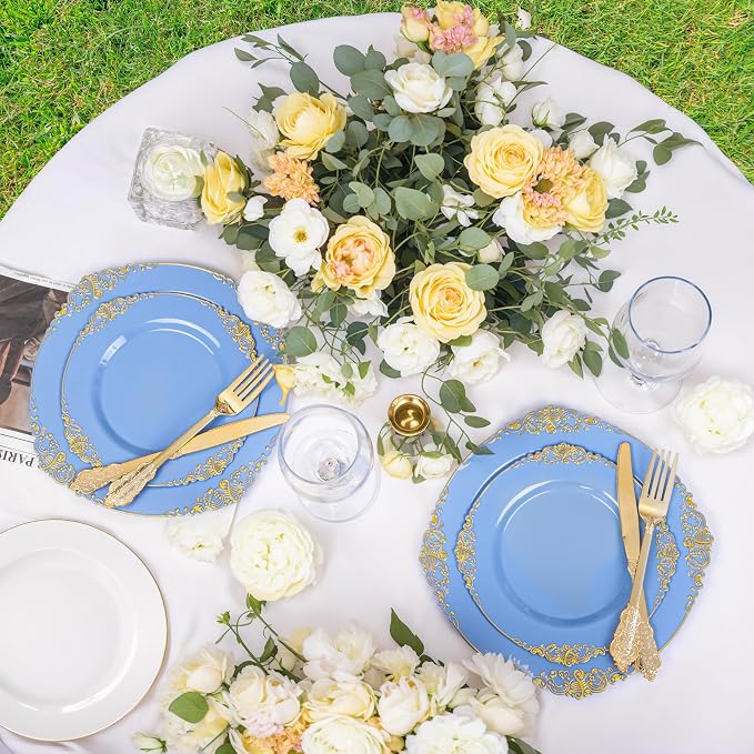 125PCS Blue and Gold Plastic Plates - Airy Blue Disposable Plate - Gorgeous Plates with Gold Plastic Silverware Sets for 25 Guests for Party & Wedding & Spring
