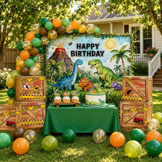 Dinosaur Birthday Party Decorations 119 PCS – 7x5FT Dino Backdrop with 105 Balloon, 6 Dino Boxes, Tablecloth, Ivy Vines & Jungle Theme Birthday Party Supplies for Kids