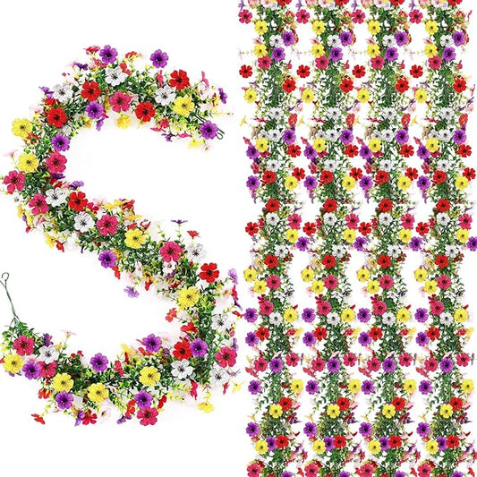 4 Pcs 6 ft Artificial Flowers Wisteria Garland-Total 24 ft Fake Hanging Wisteria Flowers Green Vines Garlands, Faux Flower Daisy with Eucalyptus Leaves for Garden Decor (Mixed 6 Colors)