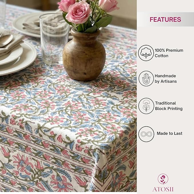 ATOSII Kalina 100% Cotton Rectangle Tablecloth, Handblock Floral Linen Table Cloth for Kitchen Dining Table I Parties Wedding Outdoors I Home Decor 60 X 90 Inches