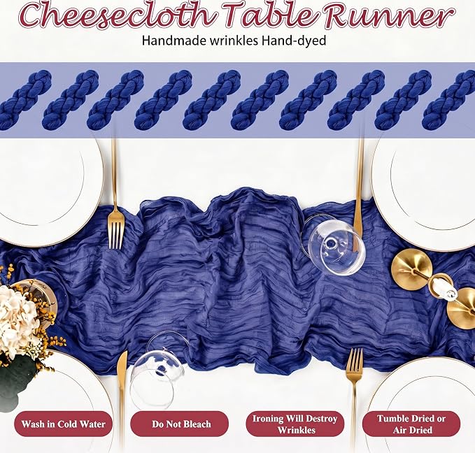 24 Pack Roal Blue Cheesecloth Table Runner 17"x108" Boho Gauze Fabric Table Runner Vintage Rustic Sheer Runners for Wedding Party Bridal Baby Shower Table Decorations
