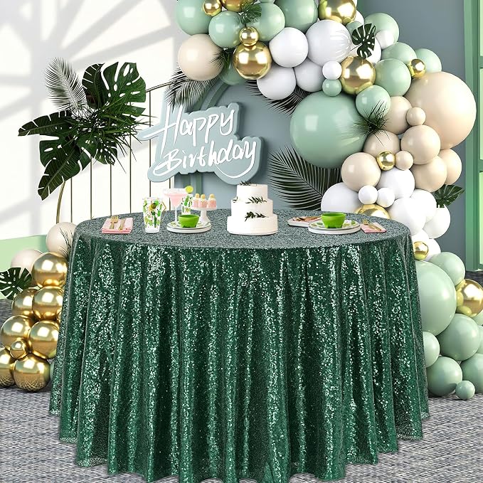 B-COOL Round Tablecloth Party Decorations: 132 Inch Table Cloth Emerald Green Large Sequin Fabric Overlay for Indoor Outdoor Dining Parties St. Patrick's Day Graduation