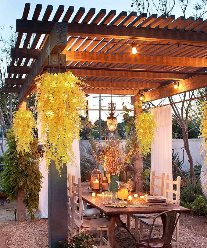 RECUTMS 3Pcs Fake Hanging Plants Outdoor Artificial Grass Vines with Lights | Draping Eucalyptus Greenery Faux Yellow Monkey Plants for Indoor Home Room Wall Garden Proch Wedding Backyard Arch Decoration