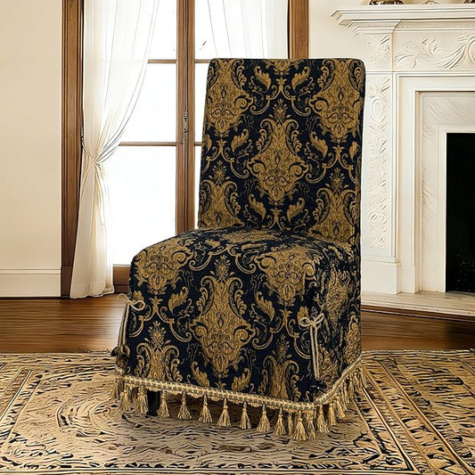 Loom and Mill 1 Piece Luxury Dining Chair Cover, Classic Damask Jacquard Dining Room Parsons Chair Covers with Tassels & Ties, Non Slip Full Cover Protector for Halloween Holiday Party Decor(Black)