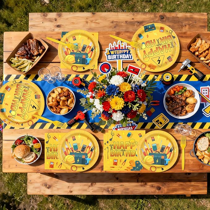 96Pcs Electrician Birthday Party Decorations Electrician Lineman Plates and Napkins Handyman Tools Decoration for Man Congrats Grad Construction Builder Carpentry Party Supplies Serves 24