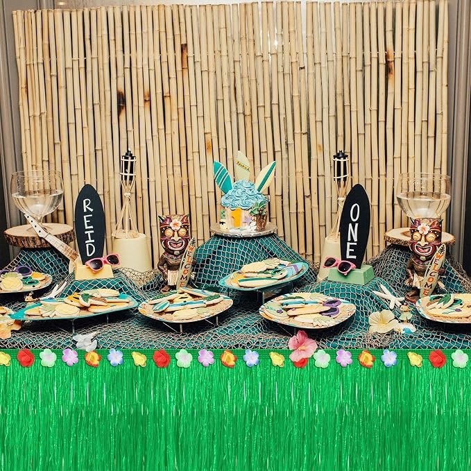 Fovths 4 Pack Luau Grass Table Skirt Natural 9 Feet x 29.5 Inch Hawaiian Table Skirt for Tropical Hawaiian Party Decorations Luau Party Costume Party, Green and Straw Yellow