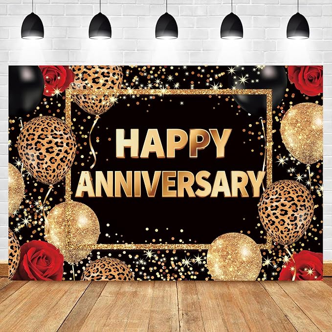 Leopard Print Happy Anniversary Backdrop 7Wx5H Feet Polyester Fabric Black Gold Red Cheetah Print Decoration Balloon Rose Cool Party Celebration Photography Background Photo Shoot Props