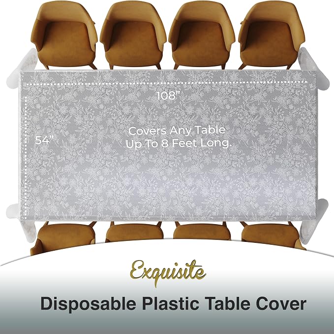 Exquisite Lace Table Cloth Rectangle Table Plastic 12-Pack Lace Tablecloth Rectangular 54" X 108" | Clear & White Floral Tablecloth Disposable | Wild Flower Party Decorations & Party Supplies