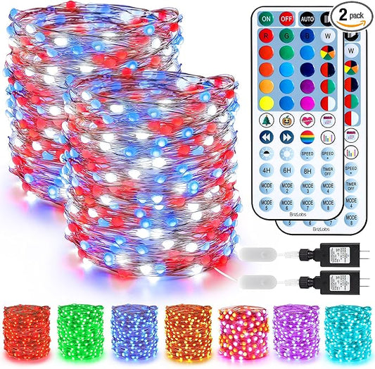 BrizLabs Fairy String Lights - 2 Pack 66ft 200 LED Color Changing Fairy Lights with Remote, Plugin Red White Blue Twinkle Light Rainbow Firefly Starry Light for Xmas Tree Halloween July 4th Easter