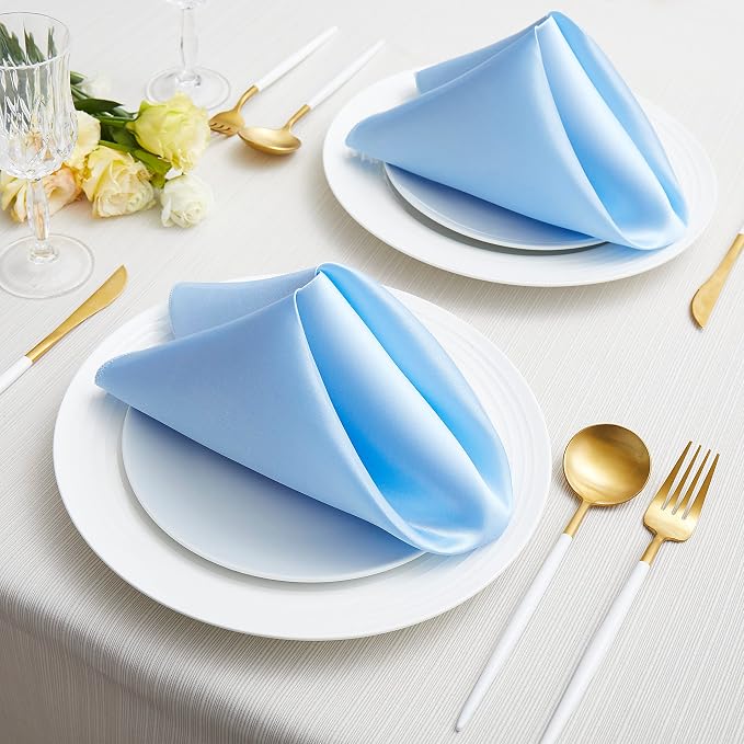24 Pack Square Satin Dinner Napkins, 17x17 Inches Silky Soft Smooth Table Cloth Napkins for Restaurant Weddings Banquet Party Decoration, Light Blue