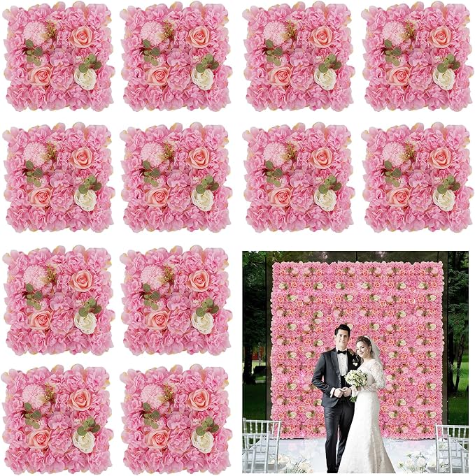3D Flower Wall Backdrop - 12Pcs 15×15 Inch Artificial Rose Panels Pink Silk Floral Decor for Home Party Wedding Anniversary Birthday Photographic Studio Background & Decorative Fences