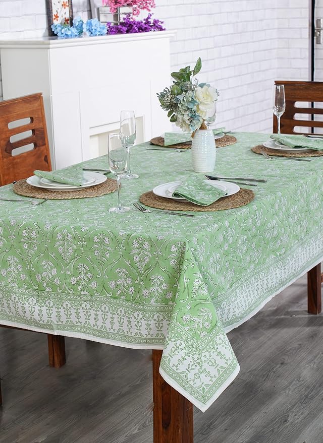 Ridhi Pear Green Hand Block Print Cotton Rectangle Tablecloth 160" x 72" inches Reusable Table Cover Decorative Everyday Use for Dining Room, Farmhouse, Home Gift for Spring, Mother's Day
