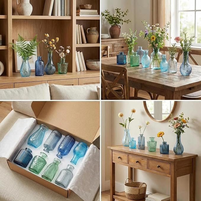 32 PCS Assorted Vintage Bud Vases, Colorful Glass Small Vases Bulk, for Centerpicecs, Wedding Table Decor, Home Decorations & Gifts (Blue Seiris)