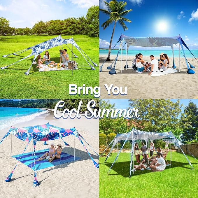 Rhino Valley Beach Tent,10x10 FT Beach Shade UPF50+ Protection,Beach Canopy with 8 Sandbags 4 Stability Poles,Outdoor Beach Tent Sun Shelter Umbrella for Sand,Camping,Fishing Essential,White Blue Leaf