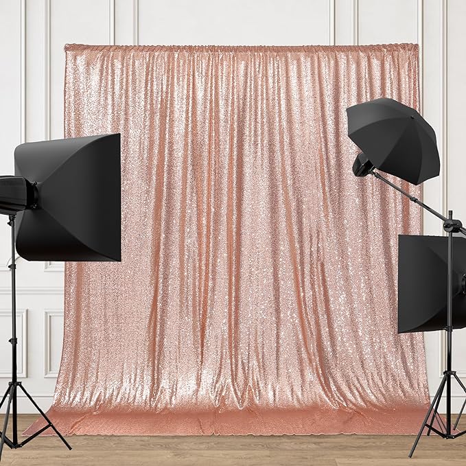 PartyDelight Rose Gold Sequin Backdrop 6x8ft 4 Inch Rod Pocket | Dense 3mm rose gold sequins on mesh backing with 4 inch rod pocket for full body photos ceremony arches party walls and stage