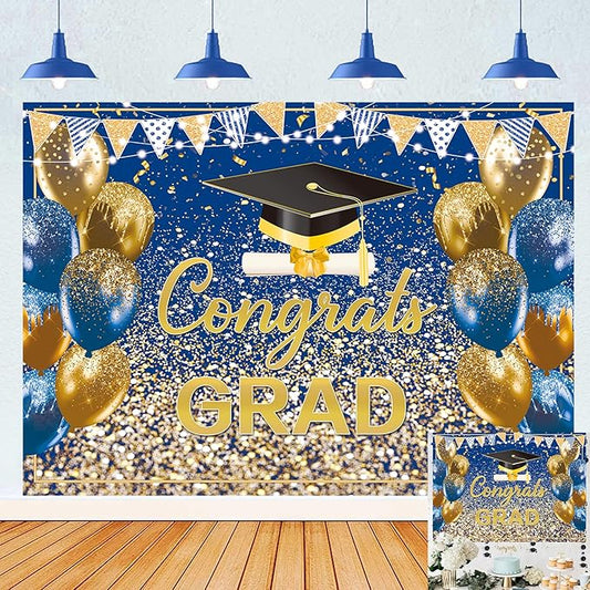 2026 Graduation Backdrop Blue Gold Congrats Grad Bachelor Cap Balloon Prom Send Off Photography Background School Celebration Class of 2026 Party Decor Banner Photo Props (Blue Gold, 8x6FT)