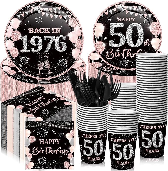 240 Pcs 50th Birthday Decorations 1976 Birthday Party Tableware Include Plates Napkins 9oz Cups Cutlery 50th Anniversary Party Supplies for Men Women Him Her, Serve 30 Guests (Black Pink)