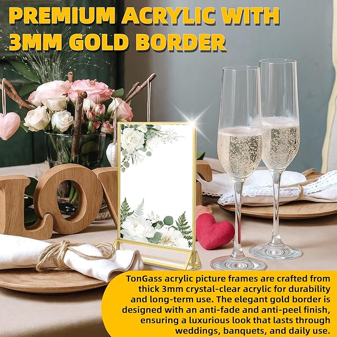 TonGass 24-Pack 5"x7" Gold Acrylic Picture Frames – 3mm Gold Border Wedding Table Number Holders, Clear Double-Sided Acrylic Sign Holders for Weddings, Banquets, Parties, Centerpieces