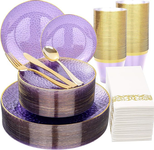 DaYammi 175PCS Clear Purple and Gold Plastic Dinnerware Set for Party, Hammered Disposable Plates for Party, Include: 25 Dinner Plates, 25 Dessert Plates, 75 Gold Silverware, 25 Napkins, 25 Cups