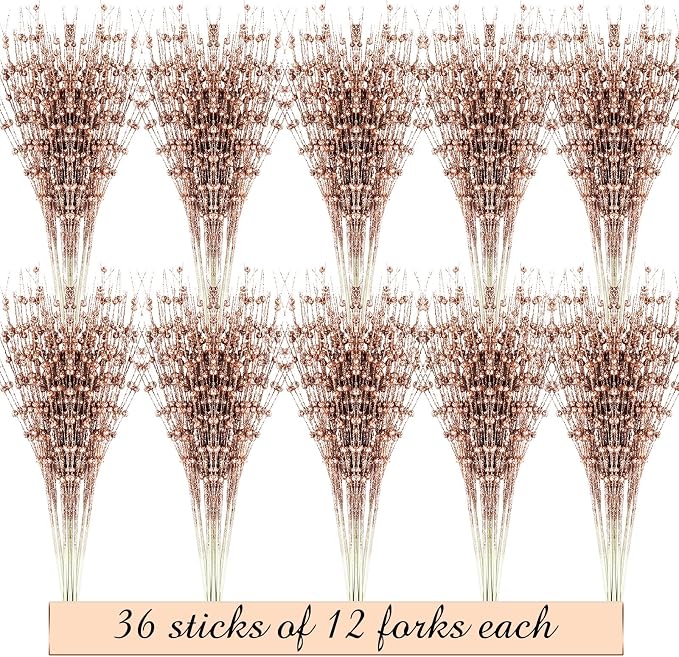 Geosar 30 Pcs Artificial Glitter Berry Stem Decorations 17 Inch Faux Stick Floral Pick Centerpiece Bouquet Flower Bead Twigs for Centerpiece Tree Wreath Ornaments Home(Rose Gold)