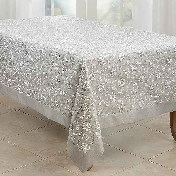 SARO LIFESTYLE Floral Embroidered Tablecloth, Silver, 50"x70"