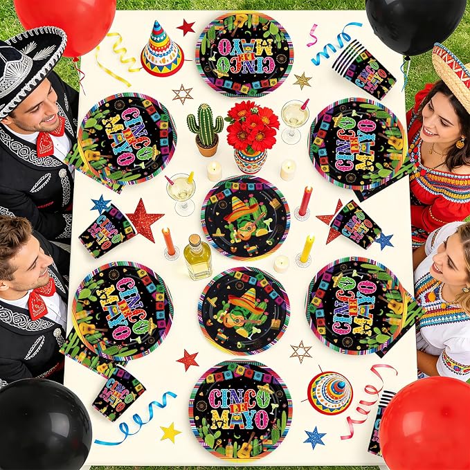 250Pcs Cinco De Mayo Decorations Mexican Fiesta Plates and Napkins Black Mexico Taco Fiesta Decorations Favors for Mexican Cinco De Mayo Festive Party Supplies Serves 50