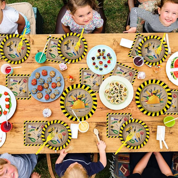 chiazllta 96 Pcs Handyman Tools Party Paper Plate and Napkins Construction Birthday Party Decorations Little Builder Handy Party Paper Plates Napkins Forks for Party Favors 24 Guests